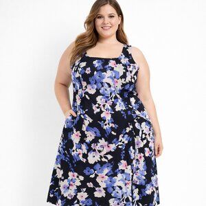 Lauren Ralph Lauren Navy and Lavender Floral Sleeveless Cotton Midi Dress Sz 16W